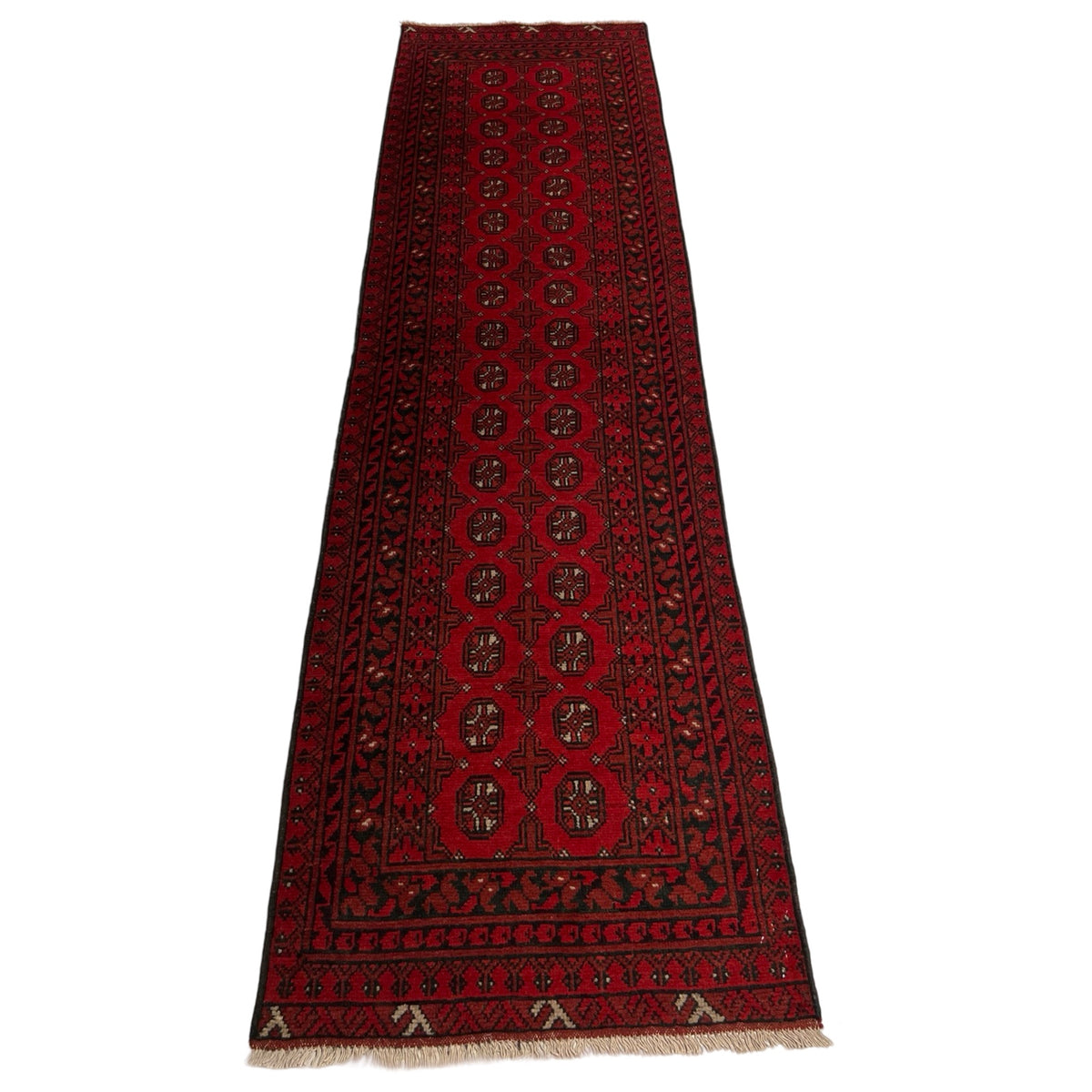 292 x 78 cm Hand Knotted Red Afghan Akche Wool Runner Rug