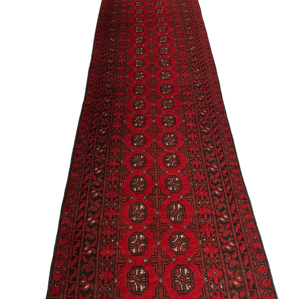 292 x 78 cm Hand Knotted Red Afghan Akche Wool Runner Rug