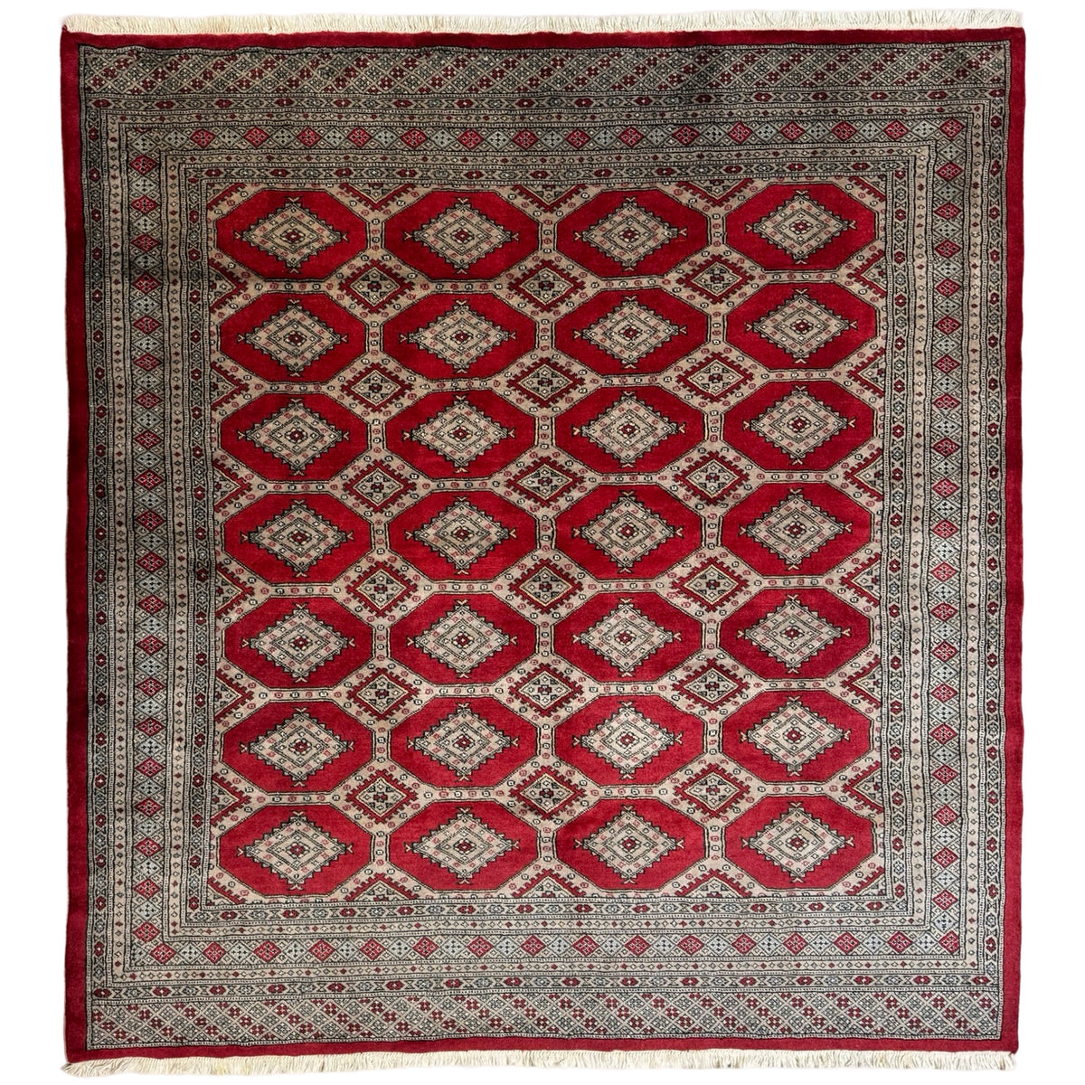 221 x 206 cm Hand Knotted Karachi Jaldar Bokhara – Red Rug