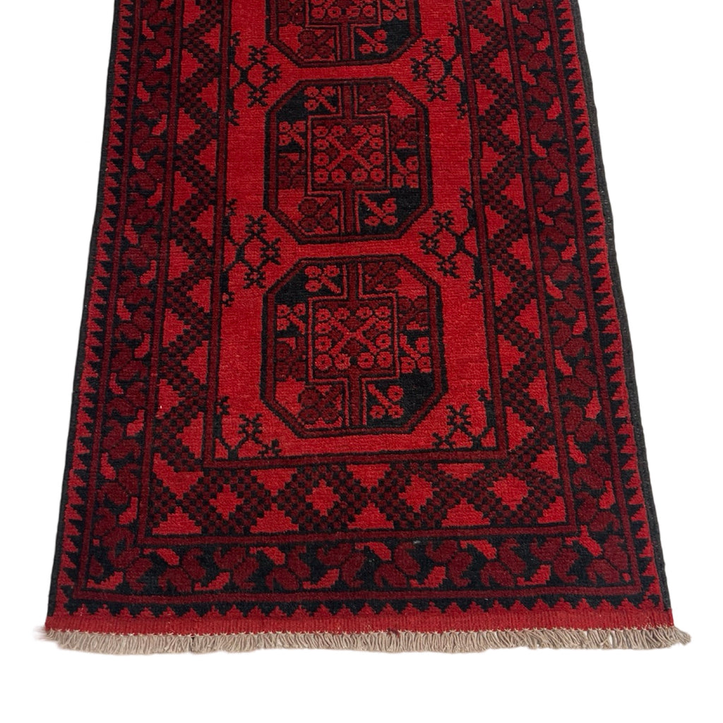 284 x 80 cm Hand Knotted Red Afghan Elephant Feet Design Akche Wool Runner Rug