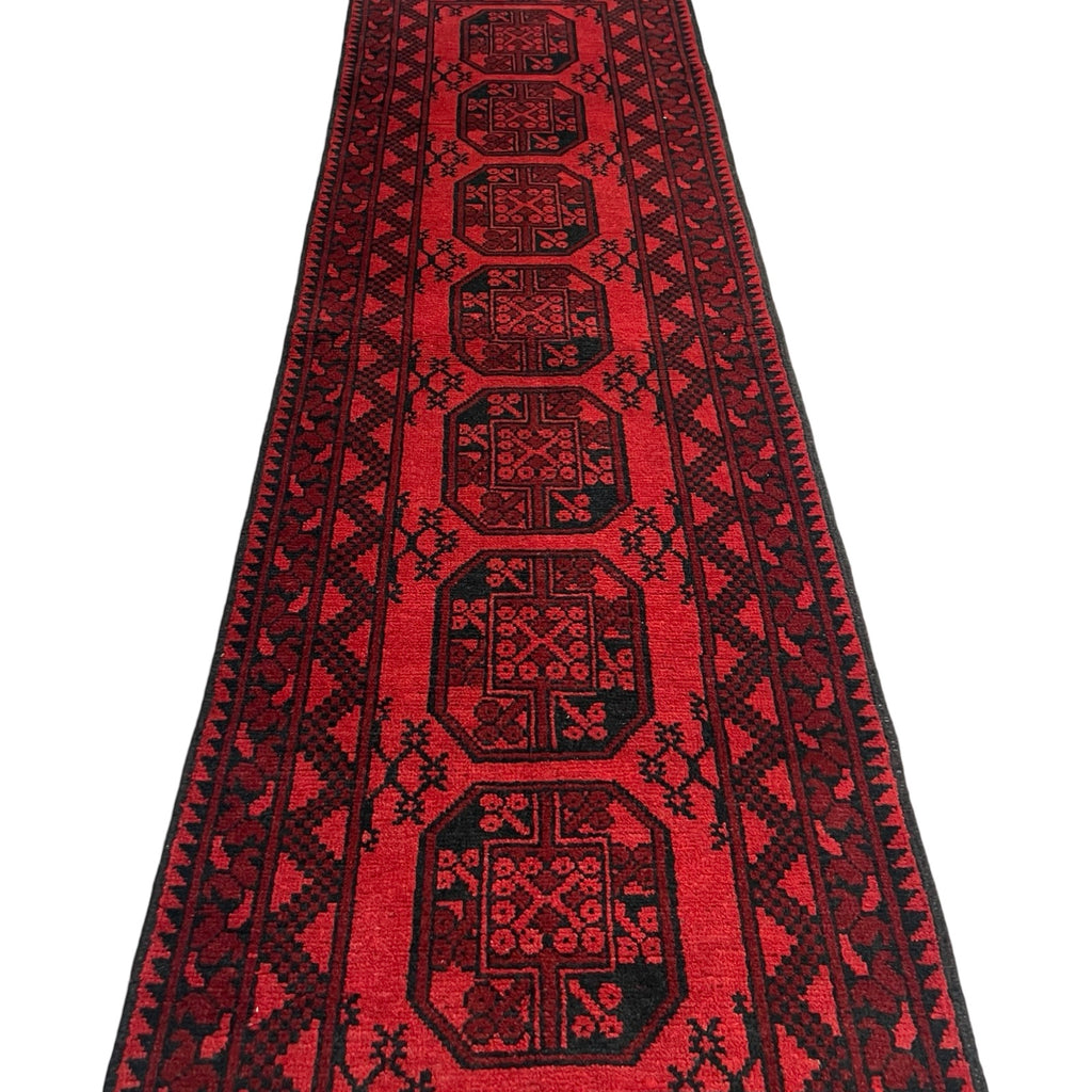 284 x 80 cm Hand Knotted Red Afghan Elephant Feet Design Akche Wool Runner Rug