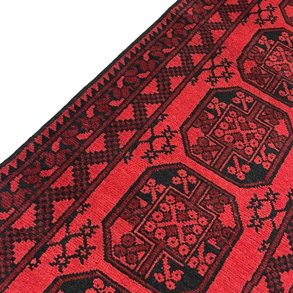 284 x 80 cm Hand Knotted Red Afghan Elephant Feet Design Akche Wool Runner Rug