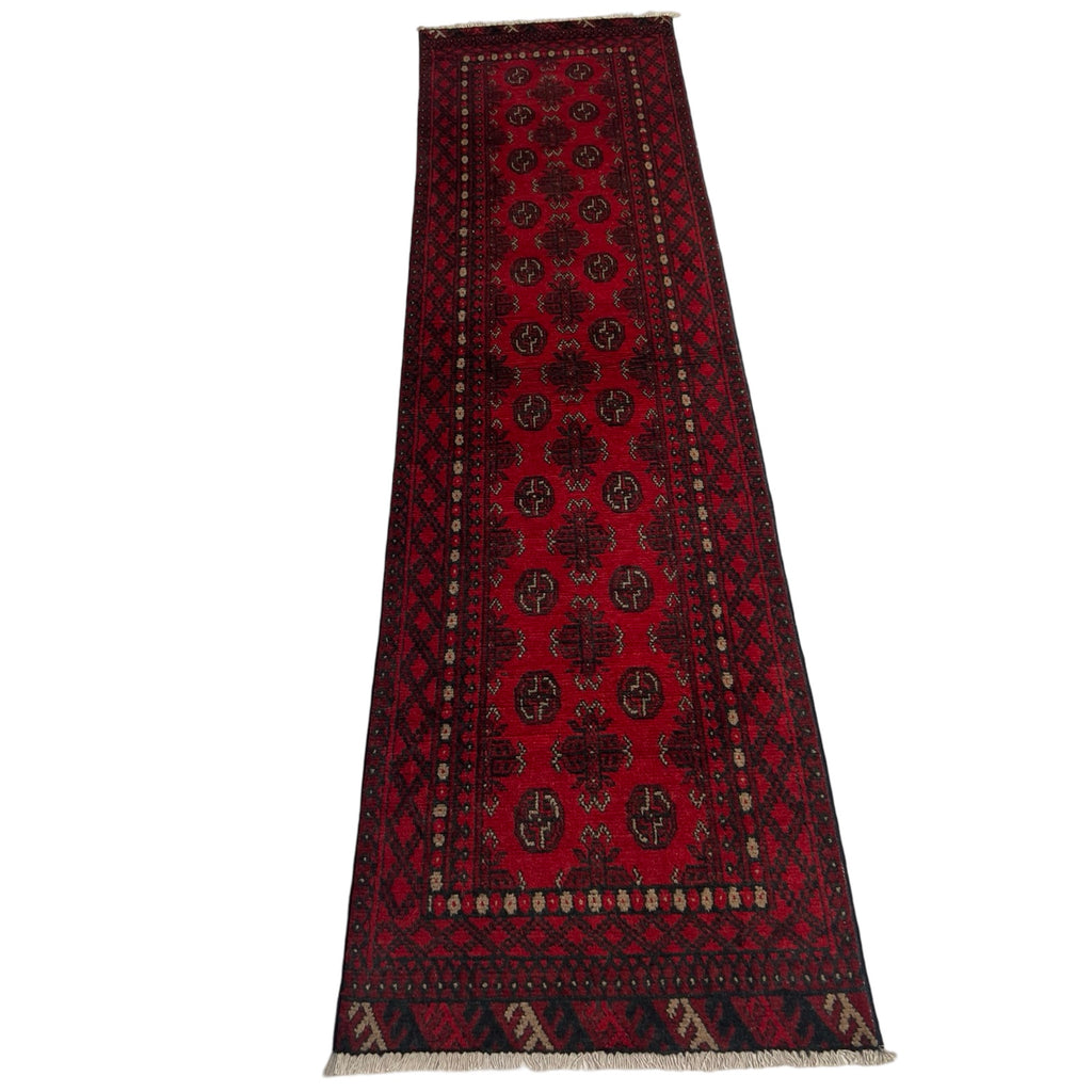 285 x 75 cm Hand Knotted Red Afghan Akche Wool Runner Rug