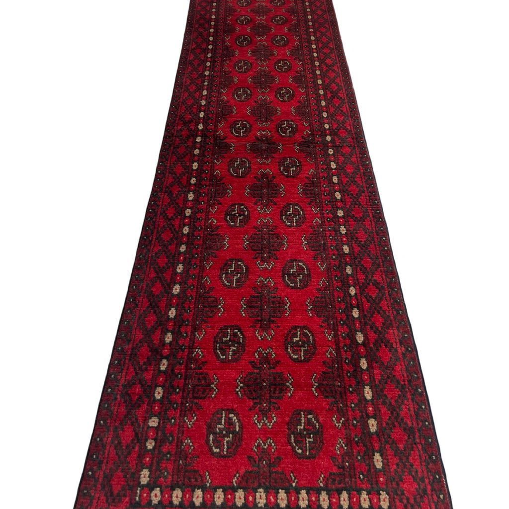 285 x 75 cm Hand Knotted Red Afghan Akche Wool Runner Rug
