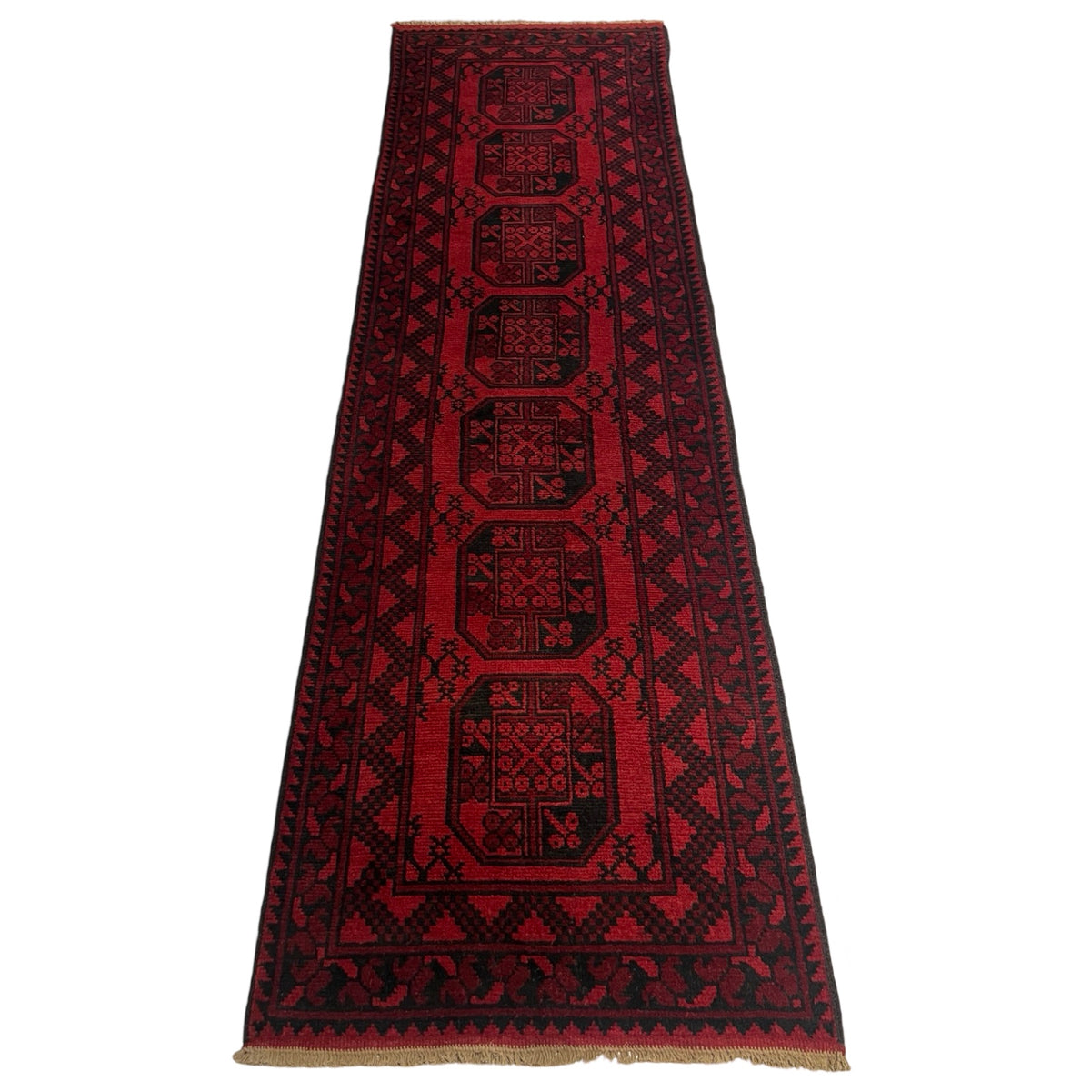 300 x 80 cm Hand Knotted Red Afghan Elephant Feet Design Akche Runner Rug