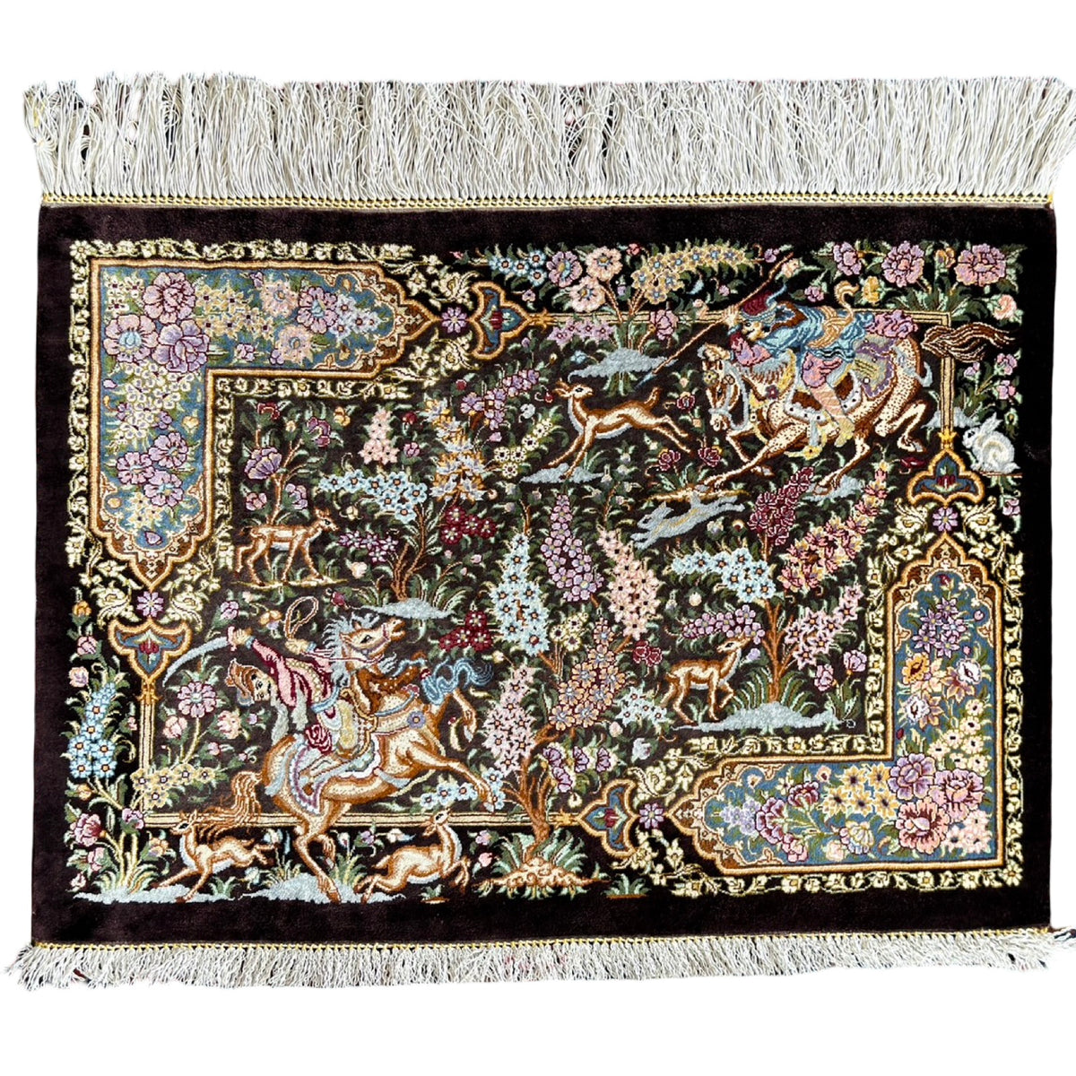70 x 50 cm Hand Woven Persian Hunting Scene 100% Pure Silk Qum Rug